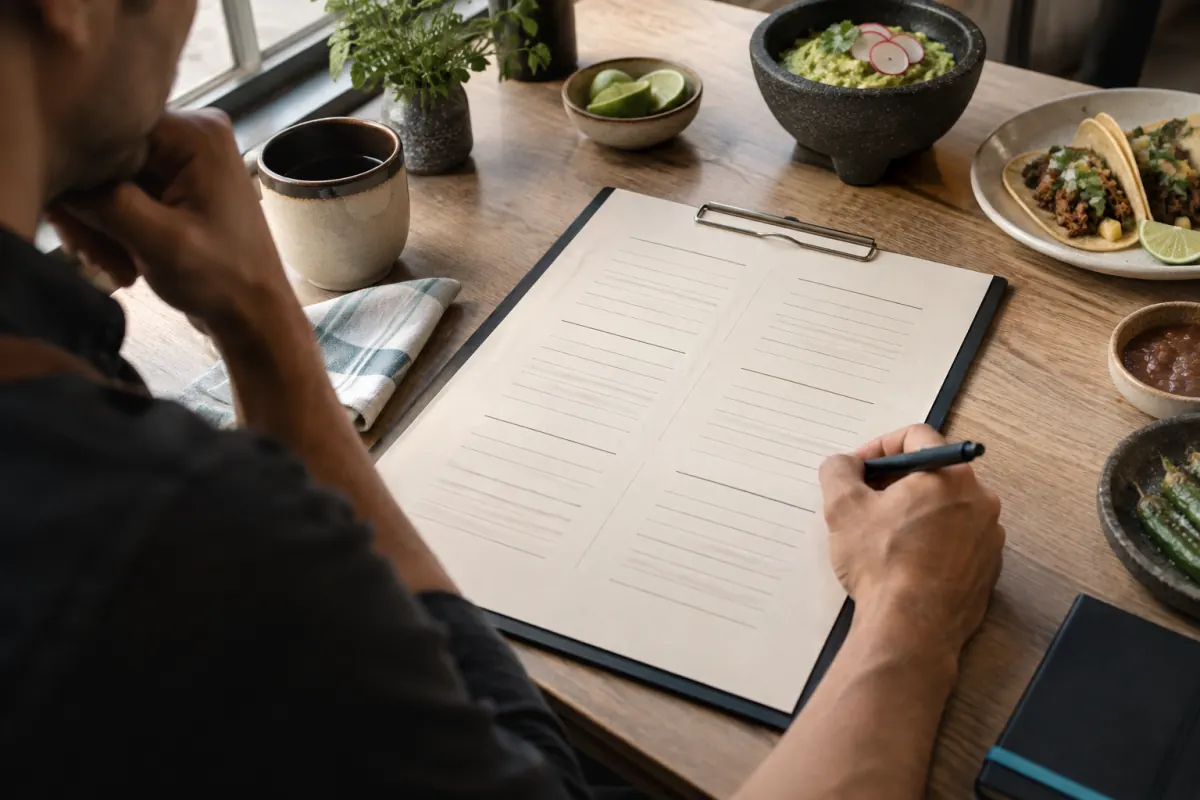 Persona organiza secciones de una carta de restaurante junto a platillos sobre una mesa.