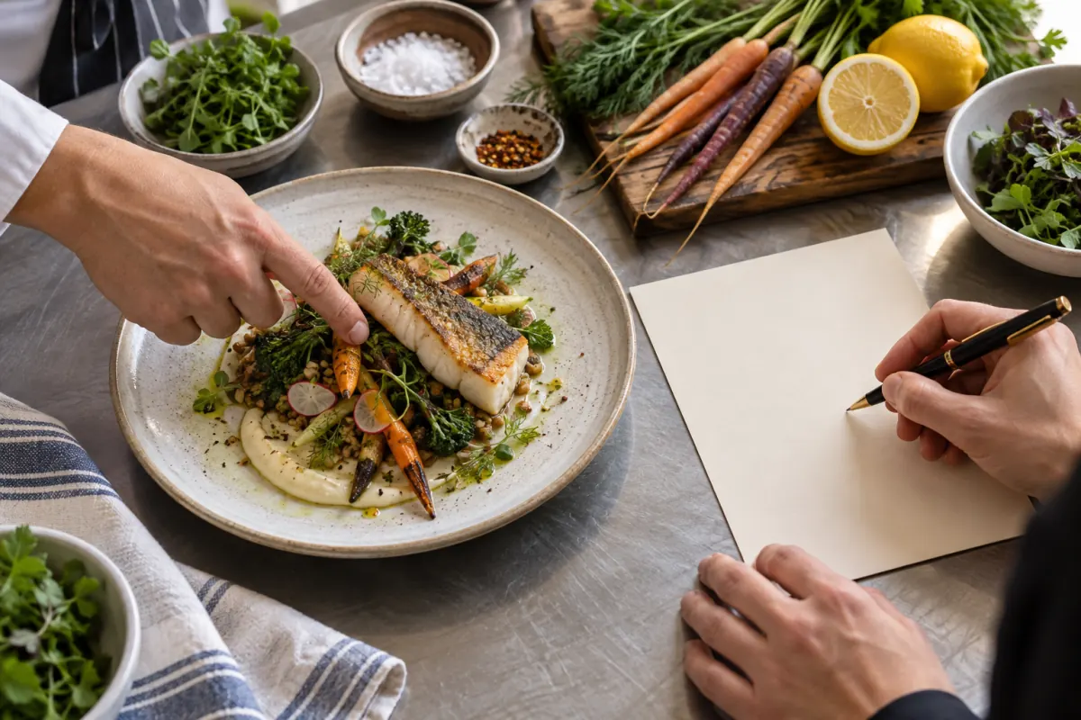 Manos comparan los ingredientes de un platillo con una carta en blanco.
