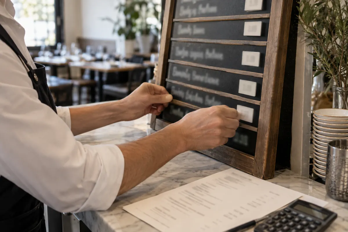 Restaurantero actualiza etiquetas de precios en una carta de mostrador.