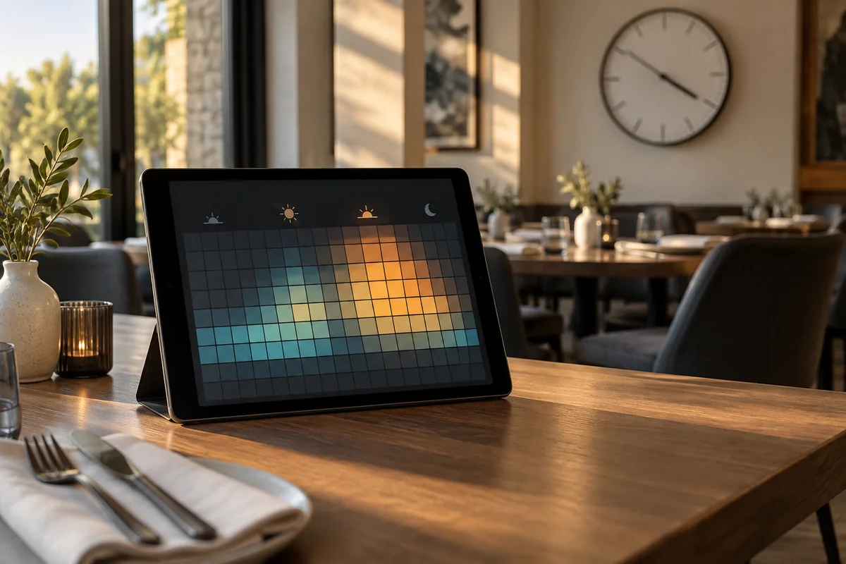Cuadrícula de actividad por hora en una tableta con un reloj en el restaurante.