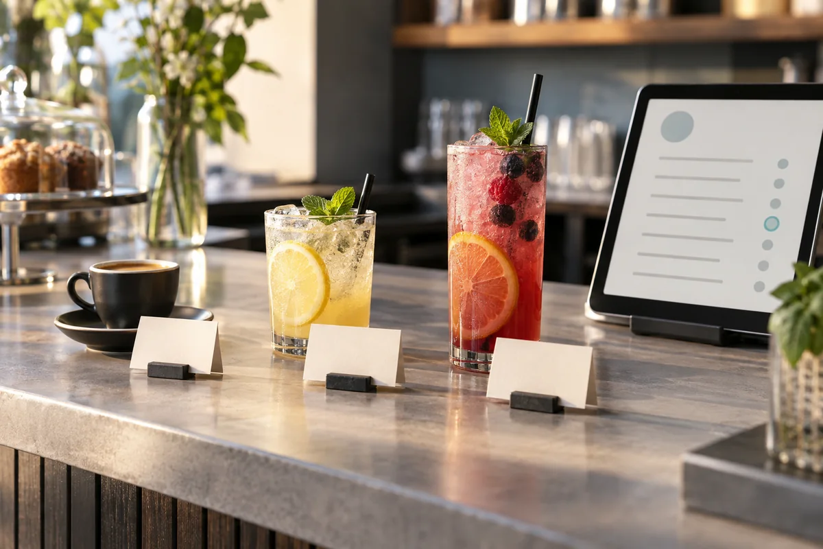 Tres bebidas diferentes con tarjetas de precio en blanco junto a una carta digital.