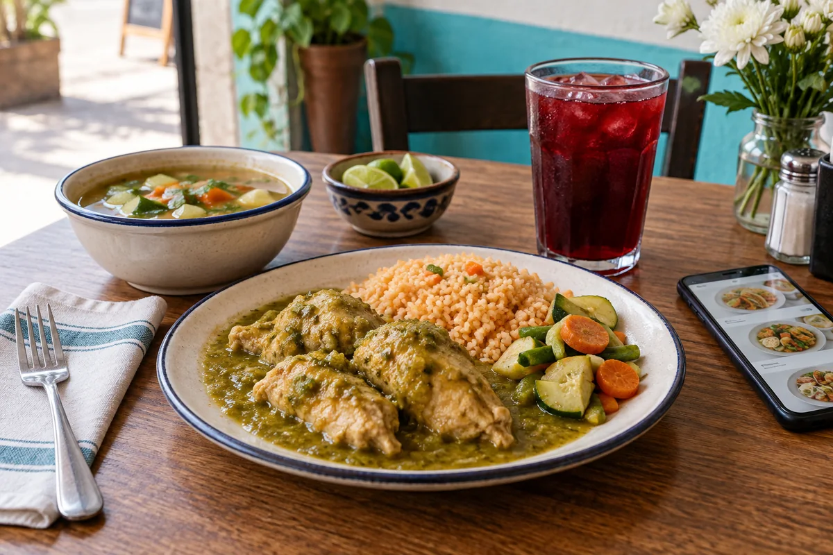 Plato de pollo con arroz y verduras, una bebida y un teléfono sobre una mesa de fonda.