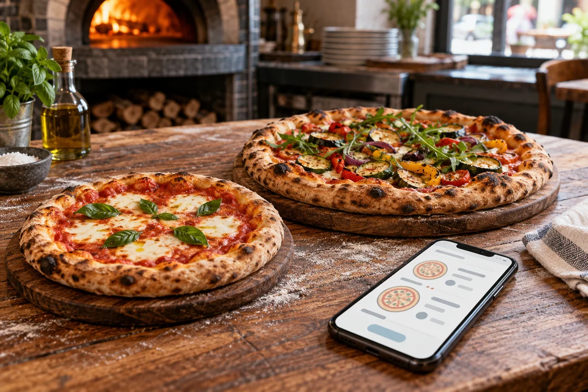 Dos pizzas junto a un teléfono con una carta digital, frente al horno de una pizzería.