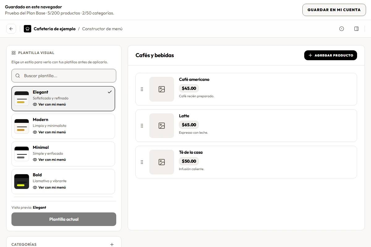 Editor de MiMenu con categorías y productos de un menú de ejemplo.